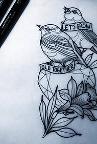 Rukopis školske ljubavi engleskog abecede tetovaža ptica