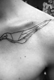 锁骨黑色线条折纸鸟纹身图案