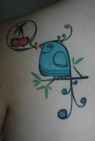 Pájaro de dibujos animados con patrón de tatuaje de color cereza
