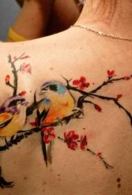 Girl back cute thrush bird and flower tattoo pattern