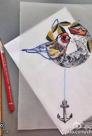 抽象派小鸟船锚手稿纹身图案