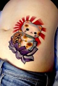 カラフルな蓮の招き猫のタトゥーパターンの腹部イラストスタイル