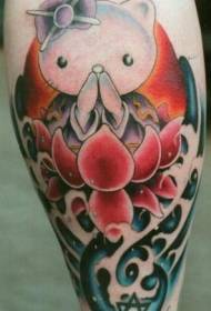 Lotus dövme deseni ile Asya karikatür tarzı renkli kedi