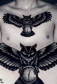 Chest black owl tattoo pattern