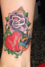 Painted flowers heart shaped with bird tattoo pattern