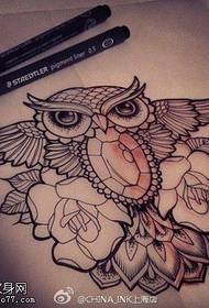 Sova růže tetování linie kreslení obrázku