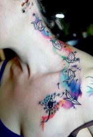 Neck watercolor originami bird at dandelion tattoo pattern