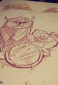 Manuscript owl clock rose tattoo pattern