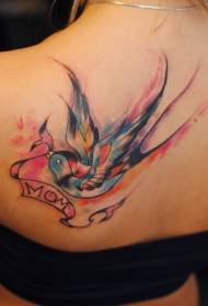 Back watercolor birdie and letter tattoo pattern