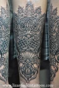 Arm new school black owl and feather tattoo pattern