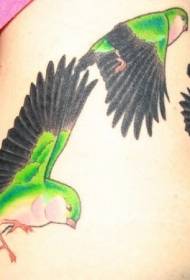 Colorful flying green bird tattoo pattern