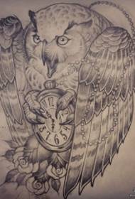 European and American school owl clock tattoo pattern manuscript