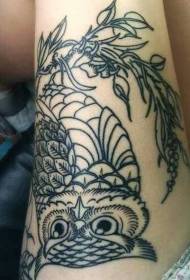 Arm black line old owl tattoo pattern