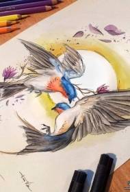 Evropská a americká barevná květina pták slunce tetování vzor rukopis