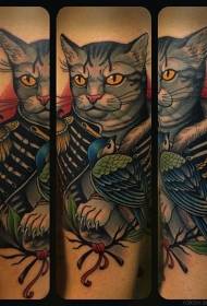 New school color fantasy cat soldier and bird tattoo pattern