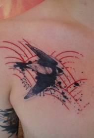 Chest black bird and red line tattoo pattern