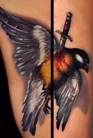 Realistic style colored death bird and dagger tattoo pattern