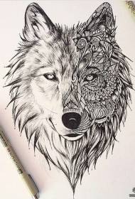 Europejska i amerykańska kombinacja kwiatów głowy wilka Europejski i amerykański czarno-szary rękopis wzoru tatuażu