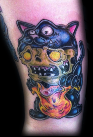 Creepy color devil licking cat ຮູບແບບ tattoo