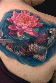 Japanese traditional style colored flower squid tattoo on the shoulder