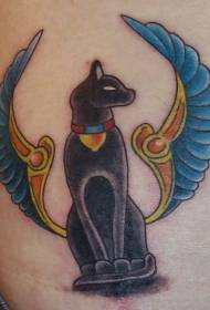 Black Egyptian cat tattoo pattern with wings