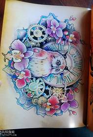 Owl clock tattoo pattern