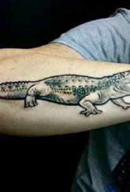 Boy's arm on black gray point thorn simple line small animal crocodile tattoo picture