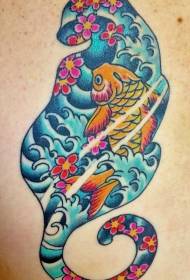 Estilo ng guhit na kulay na cat silweta na may squid at floral tattoo pattern