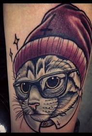 Padrão de tatuagem de gato com óculos e chapéu