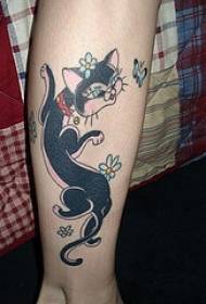 Calf black cat and butterfly tattoo pattern