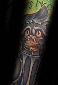 Cute cartoon raccoon with burger tattoo pattern