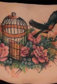 Bel kuş çiçek dövme deseni ile büyük kuş kafesi boyalı