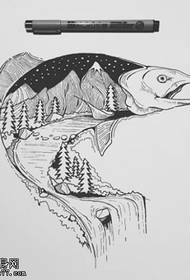 Ръкопис пейзажен модел на татуировка на риба