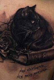 Black cat sitting on a book with tattoo pattern