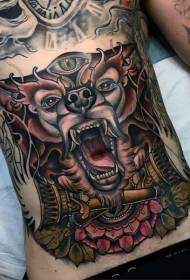 Κοιλιά θεαματική πολύχρωμο σκύλο διάβολος σκυλί και λουλούδια σχέδιο τατουάζ