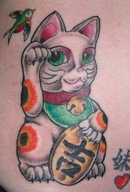 Lucky cat swallow with character colored tattoo pattern