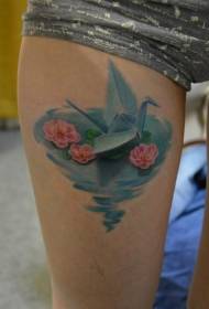 Thigh color paper crane with lotus tattoo pattern