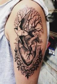 Big arm black gray swallow and heart flower tree tattoo pattern