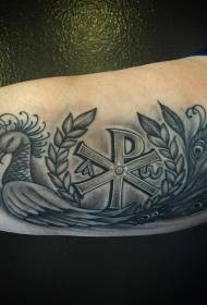 Grote arm Christus monogram en prachtige fee vogel grijs tattoo patroon