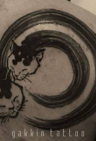 Black ink line on the back with cat avatar tattoo pattern