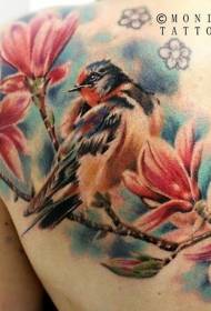 Back colorful cartoon flowering branches and bird tattoo pattern