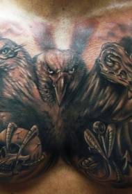 Velik ptičji vzorec tatoo s tremi glavami na prsih