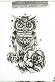 European and American Owl Rose Black Grey Tattoo Pattern Manuscript