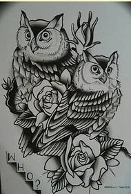 时尚好看的猫头鹰玫瑰花纹身手稿图案图片