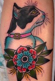 Old school colored cute cat and flower tattoo pattern