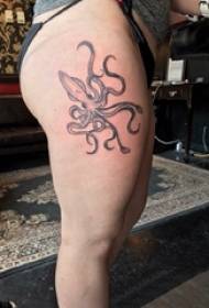 Girl thigh on black gray point thorn abstract line small animal octopus tattoo picture