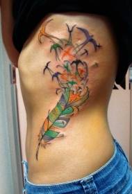 Colored feather bird side rib tattoo pattern