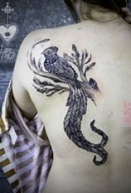 Black-spotted thorn branches and small animal bird tattoo pictures on the back of girls