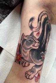 Arm illustration style colored cat and flower tattoo pattern