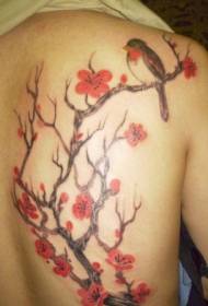 Back bird and cherry blossom painted tattoo pattern